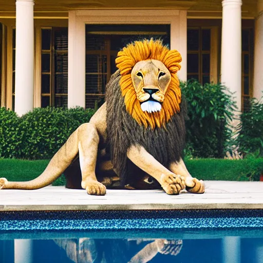 Image similar to a very detailed photo of a lion ( smoking a cigar ) outside the mansion by the pool