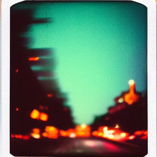 Image similar to colorful instant photograph of the middle of the street at night, polaroid, light leak, raw, nostalgic