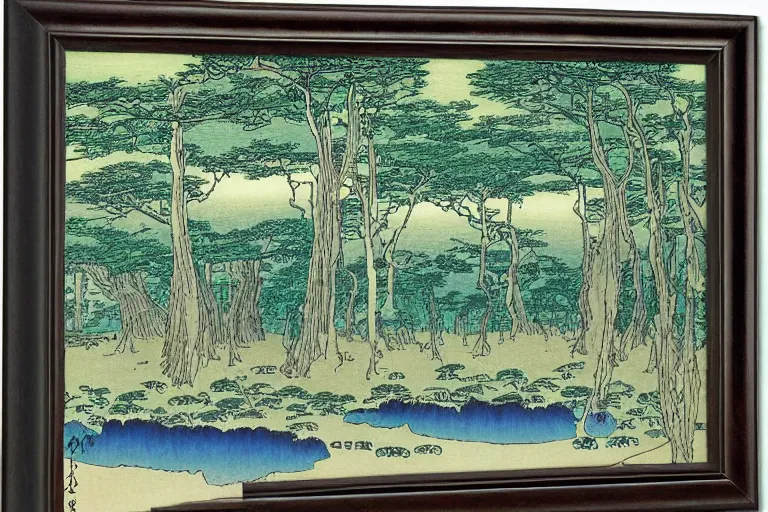 Image similar to landscape with plants seen through a tree hall, by hiroshige utakawa