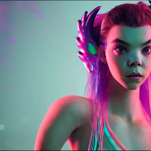 Image similar to neon fluorescent, iridescent older anya taylor - joy with fairy wings cyperpunk 2 0 7 7, unreal engine 5, 8 k ultra realistic, hyperdetailed, volumetric lighting, extremely high quality