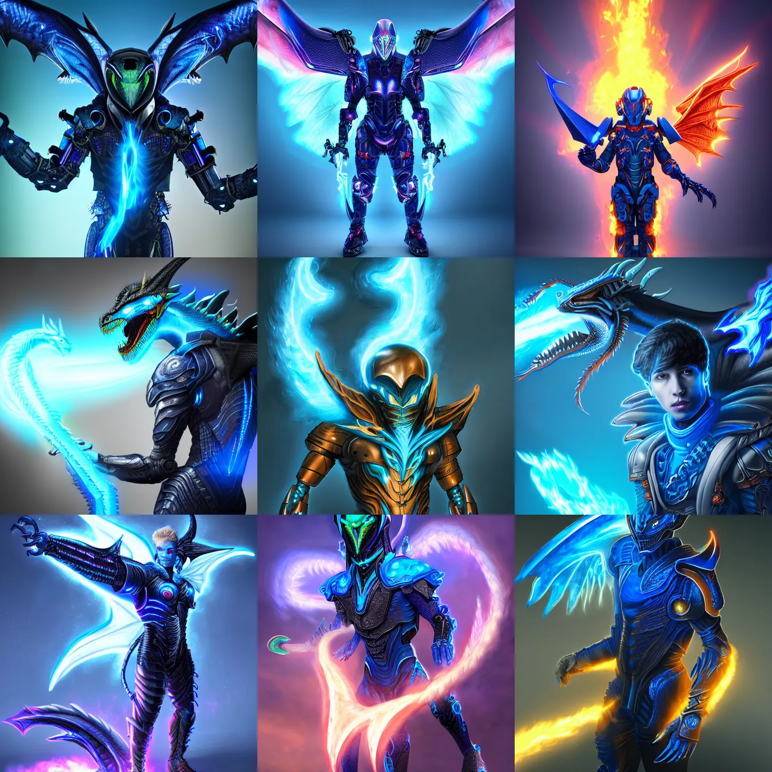 Prompt: young male cyborg with a dragon - inspired suit, dragon head, dragon wings, dragon tail, wielding a blue flame, digital art, alien, rich iridescent colors, d & d, very detailed, symmetrical, 8 k hd, futuristic