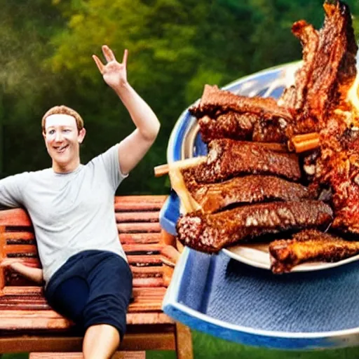 Image similar to mark zuckerberg being unreasonably enthusiastic about smoking some brisket and some ribs in his back yard, 4 k, hyper realistic photo