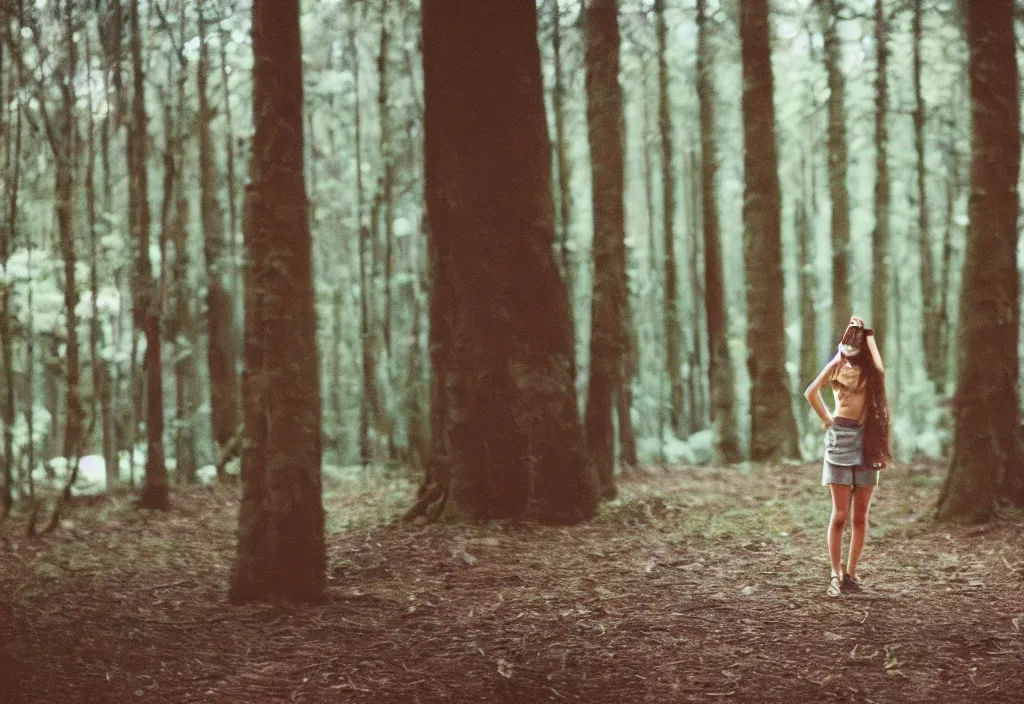 Image similar to lomo photo of a brunette girl standing i front of a modern forest cabin, cinestill, bokeh, out of focus