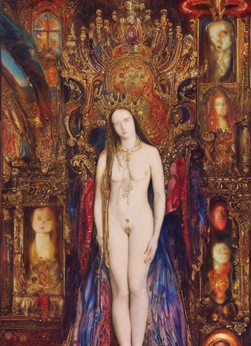 Image similar to oil painting of portait Queen of Ecstasy in a large throne room, Hungarian, by Yoshitaka Amano, by Georgia o Keeffe, by Gustave Moreau