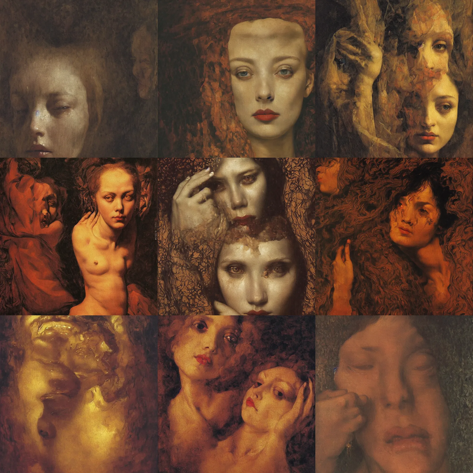 Prompt: Beautiful woman face inside face inside face inside face, baroque cloth, shadows, the long shot, dramatic lighting, high-detailed oil painting by Ilya Repin, William Blake, Michelangelo da Caravaggio and Beksinski, masterpiece, 4k