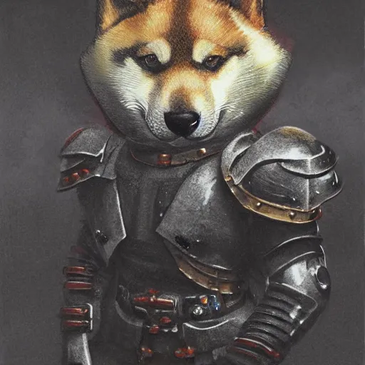 Image similar to wearing warhammer 4 0 k champion black armor, anthropomorphic shiba inu, shiba inu face, stuning 3 d render, masterpiece, glowing aura, by donato giancola and greg rutkowski and wayne barlow and zdzisław beksinski, realistic face