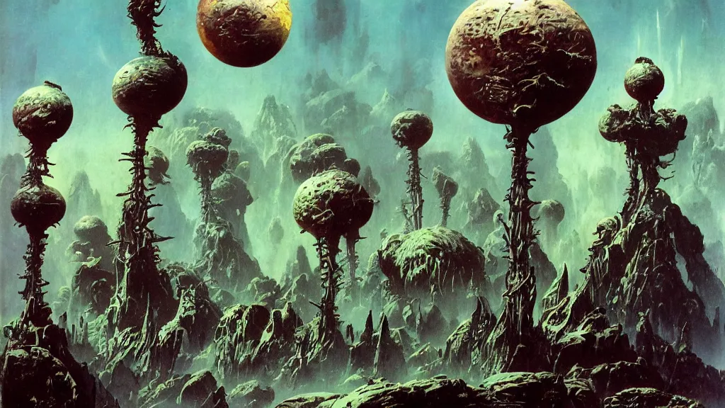 Image similar to surreal eerie alien planet empire with strange biomechanical plants by frank frazetta and bruce pennington, cinematic matte painting