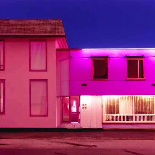 Image similar to A still of the exterior of a seedy motel, lit up in neon pink and purple; the camera is positioned low to the ground, making the building look taller and more imposing. Fujifilm Natura 1600.