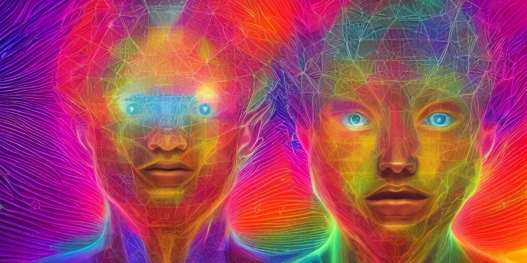 Prompt: ai transcendence into collaborative intelligence, connectedness, body, by alex grey, album cover, award winning, beautiful, colorful, volumetric lighting, trending on artstation