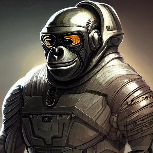 Image similar to detailed science - fiction character portrait of a silverback gorilla wearing a omnicolored armored space suit holding a space alien gun, intricate, wild, highly detailed, digital painting, artstation, concept art, smooth, sharp focus, illustration, art by artgerm and greg rutkowski and alphonse mucha