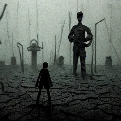 Image similar to the world war 3, surrealistic detailed claymation art, dark, moody, foggy