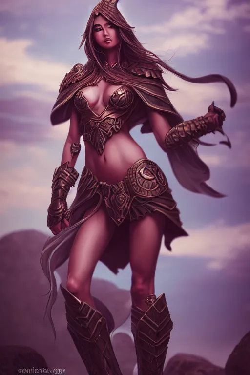 Prompt: generic female model, detailed face, standing on a rock, fantasy armor, sakimi chan, tony sart