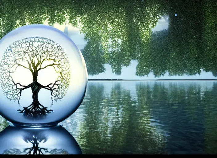 Prompt: glowing transparent crystal ball on a beautiful lake, radiant light, tree of life inside the ball, intricate details, reflections on the water, ripples, moody sky, hyperdetailed illustration by mark brooks, by yuumei, unreal engine 5, low light, rule of thirds