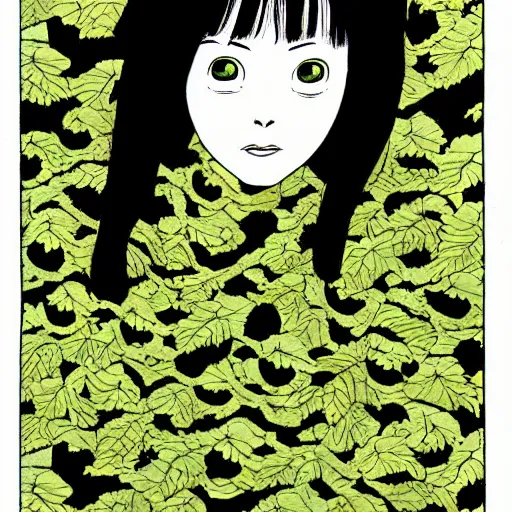 Image similar to a portrait by junji ito lush vine covered backrop