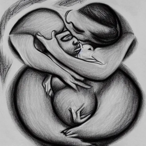 Image similar to a drawing of a pregnant woman giving birth to emerging yin - yang daoist symbol emerging from womb, black and white detailed pencil drawing dao