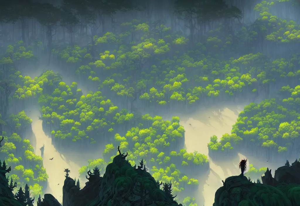 Prompt: high view of the background of a forest that has an endless pit in the bottom of the image, stylised painting, visible brush strokes, forest, medieval architecture, dynamic lighting, aesthetics, smooth, d & d, fantasy, asymmetrical, intricate, elegant, matte painting, by makoto shinkai borderlands and by feng zhu rossdraws, fan art, cartoon style