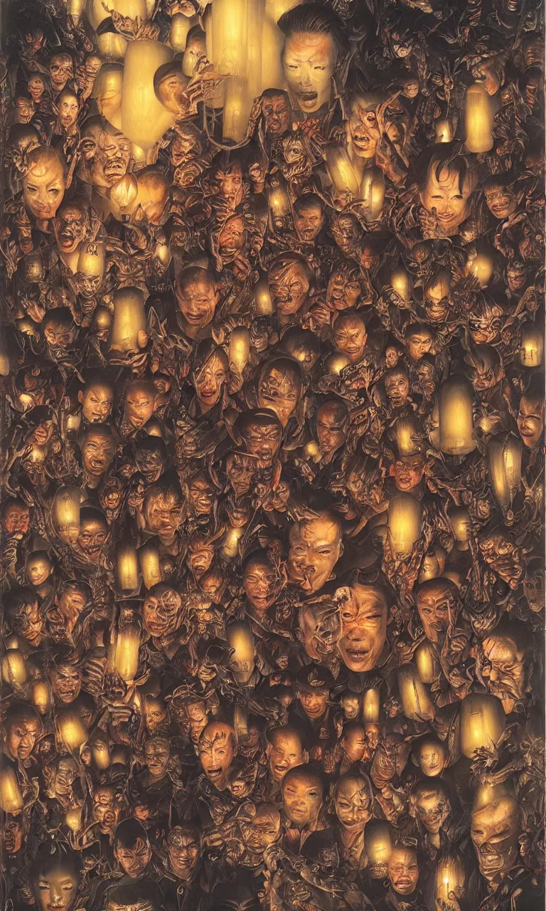 Image similar to 中 国 鬼 节, in the ghost city, evil spirits roam with lanterns, zdzislaw, ayami kojima, yamamoto, barclay shaw, karol bak, hyperrealist, 8 k