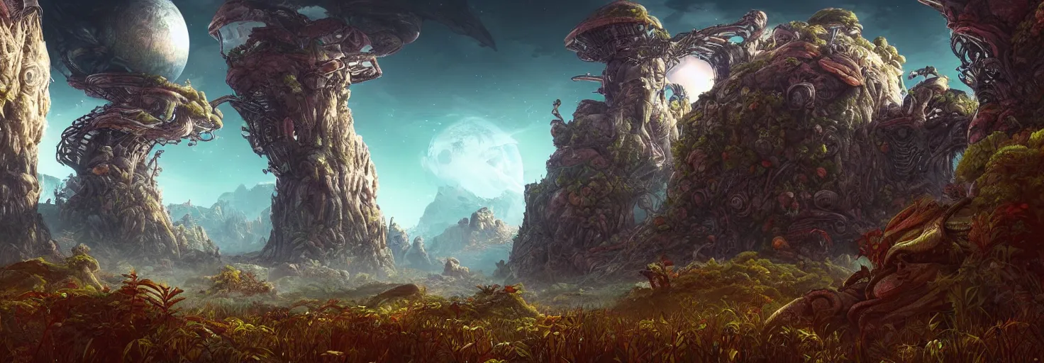 Image similar to alien planet : landscape : flora and fauna : android jones : aleksandr pronin | humble