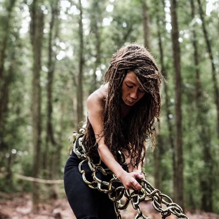 Prompt: a closeup of a woman dragging a pile of chains, in a forest, by Omar Z. Robles, CANON Eos C300, ƒ1.8, 35mm, 8K, medium-format print