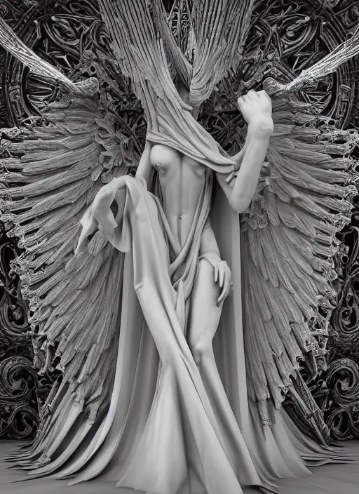 Image similar to Fine Art photo of a ancient sculptural demonic female Angel, rucifer, gothic and baroque sculpture, wearing long veil dress, six long wings, fallen angel with shadowy halo, in the large gothic cathedral , ornate, intricate and low contrast detailed, Guillermo del Toro style, full body portrait, hyper realistic, zbrush, epic perspective, octane render, volumetric light, cinematic lighting, cinematic detail, composition, photorealistic, render in unreal engine 5, 8k render, art sculpture, bone, ultra detailed technical precision, rule of third, dark epic scene