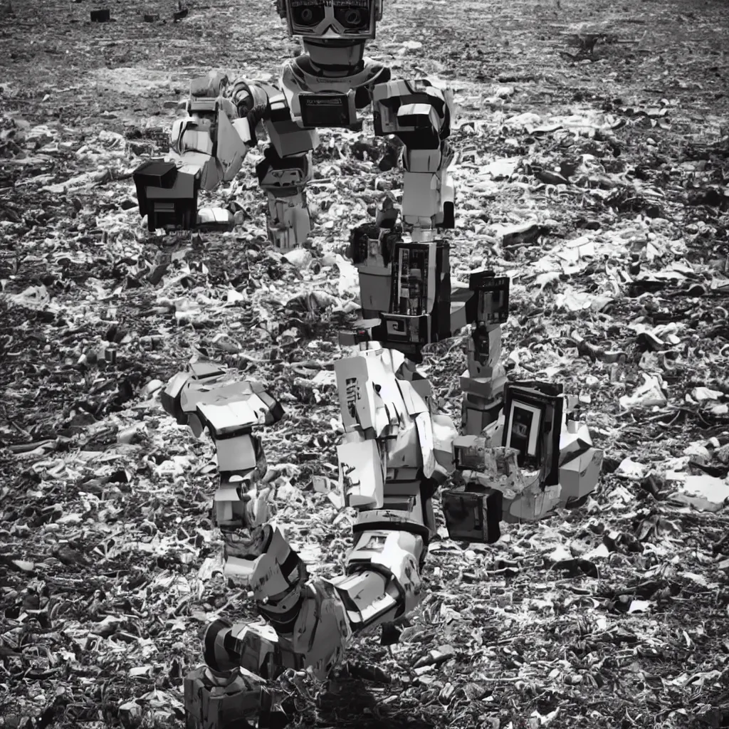 Prompt: a robot in the distant future finding an old polaroid photo of a man in the waste fields, 4k, fantasy style