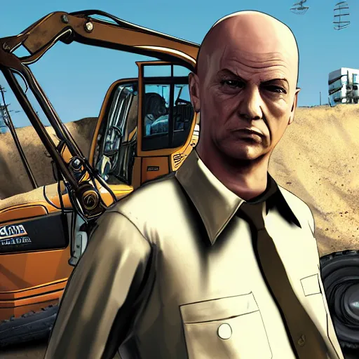 Prompt: Bald man sitting in excavator, closeup, GTA V poster