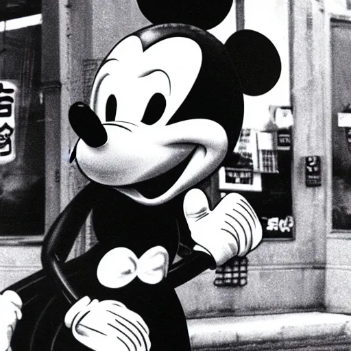 Image similar to hyper realistic picture of Mickey Mouse drunk and broke in Tokyo Robert robert doisneau black and white