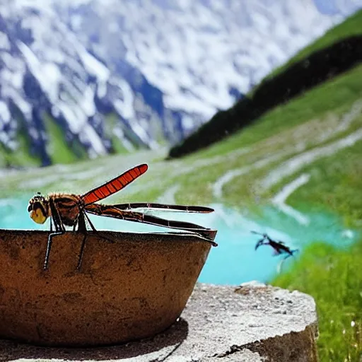 Prompt: dragonfly in a bathtub in the alps, goats!! in background