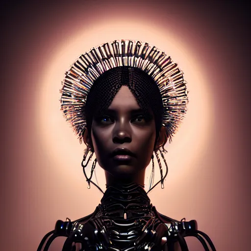 Prompt: portrait of an absurdly beautiful, graceful, sophisticated, fashionable black cyberpunk mechanoid gravure idol, hyperdetailed illustration by irakli nadar, matt wisniewski style, intricate linework, dark black skin, jellyfish headdress, bone necklace, unreal engine 5 highly rendered, global illumination, radiant light, detailed and intricate environment