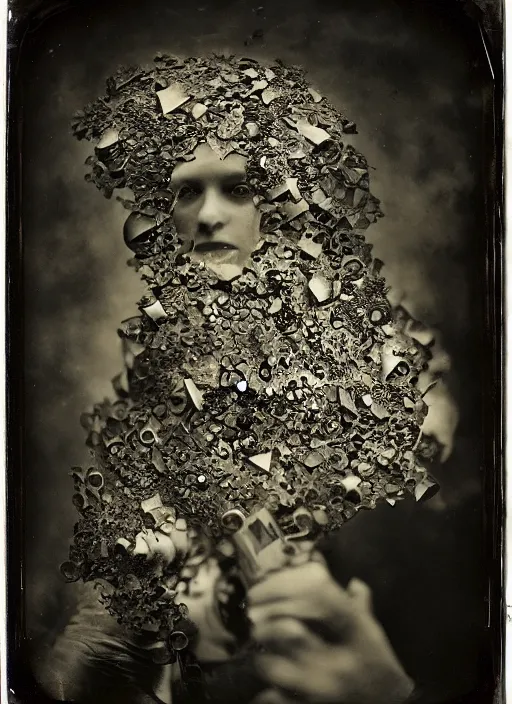 Image similar to old wetplate daguerreotype portrait wretched war by damian hirst, explosion of data fragments, fractal, intricate, elegant, highly detailed, parallax, leica, medium format, subsurface scattering, by marie harnett