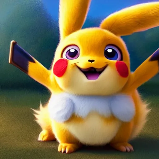 Image similar to promotional art, of a very very cute disney pixar pikachu from pokemon. round fluffy very furry character. pikachu, pikachu, detective pikachu, detailed fur, concept artwork, 3 d render official art, promotional art, by artgerm, jeremy lipkin and michael garmash and rob rey, disney pixar zootopia