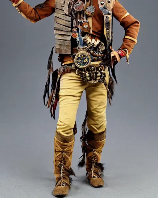 Image similar to young thin native American Indian man, wearing cargo buckskin jacket buckskin tactical toolbelt pockets bandolier full of trinket and baubles, steampunk arcane shaman, deadlands, weird west