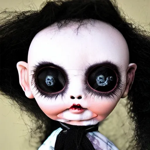 Prompt: creepy doll cursed witchcraft black eyes toy Lovecraftian dark black background doll old shamanic hair satanic
