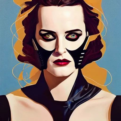 Image similar to Joshua Middleton artwork, stunning elegant female Eva Green, futuristic evil spy, domino mask, very evil sneer, symmetrical face, symmetrical eyes, leather clothing and boots, long straight golden hair, full body, Indigo occult pattern