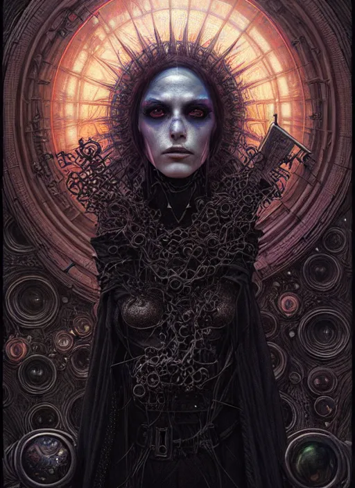 Prompt: portrait of dark mage, hyper detailed masterpiece, dystopian background, jean giraud, digital art painting, darkwave goth aesthetic, lovecraftian, artgerm, donato giancola and tom bagshaw