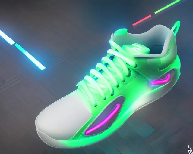 Image similar to A 3D concept design of futuristic nike sneakers with neon lights from below, unreal engine 5