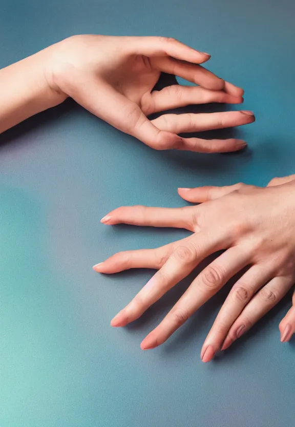 Image similar to photorealistic woman's hand with palm up, back of hand on the table, palm pattern visible, instagram photo, studio photo, 9 0 mm, f / 1. 4