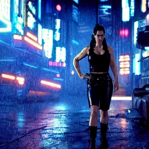 Image similar to jennifer connelly starring in a cyberpunk movie in a distopic futuristic city in the style of bladerunner, wearing a cropped black tank top, black boyshorts and black boots, firing a gun, muzzle flash, movie still, highly detailed, rainy night, volumetric lights, dramatic, scifi, sharp focus