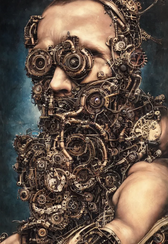 Prompt: portrait of industrial art, steampunk, chris hemsworth, 8 k, by tristan eaton, stanley artgermm, tom bagshaw, greg rutkowski, carne griffiths, ayami kojima, beksinski, giger, trending on deviantart, face enhance, hyper detailed, minimalist, gears, mechanical, victorian era, full of colour, super detailed