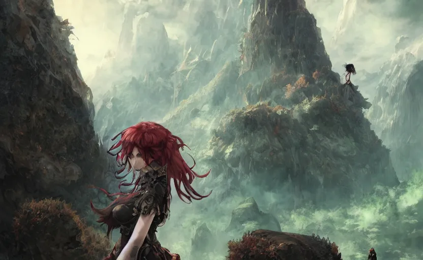 Image similar to goth woman in front of mountain landscape, color page, tankoban, 4 k, tone mapping, akihiko yoshida, james jean andrei riabovitchev marc simonetti, yoshitaka amano, long hair, curly, h. hydrochaeri