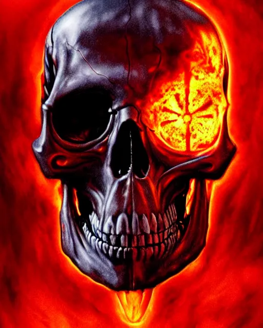 Prompt: red fiery eyes spawn - terminator skull - ghost rider - hybrid, supervillains, intricate artwork, concept art, eyes octane render, deviant art, cinematic, key art, hyperrealism, iridescent accents, portrait photograph, in hell, nikon 3 5 mm, ridley scott, moebius, dan mumford, jim lee