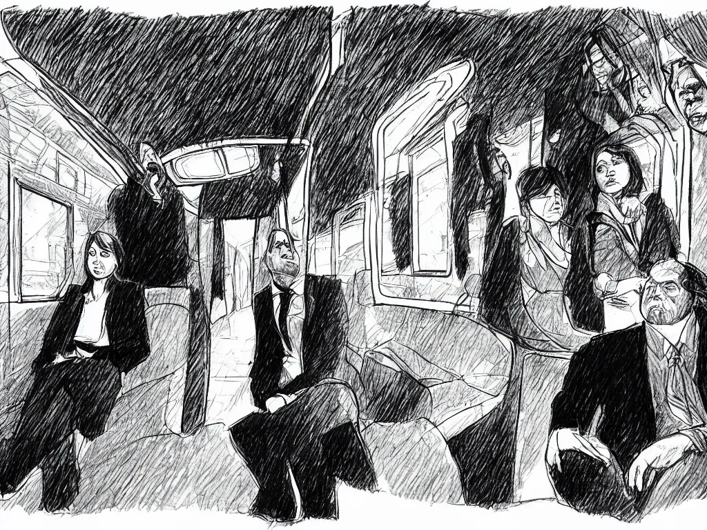 Image similar to a pen and ink drawing by Jaime Hernandez, a low angle medium shot of two people sitting in an empty Chicago subway train, in front of windows: a sad Aubrey Plaza wearing a winter coat and a man who looks like a mix of (Louis CK and Philip Seymour Hoffman) in a suit