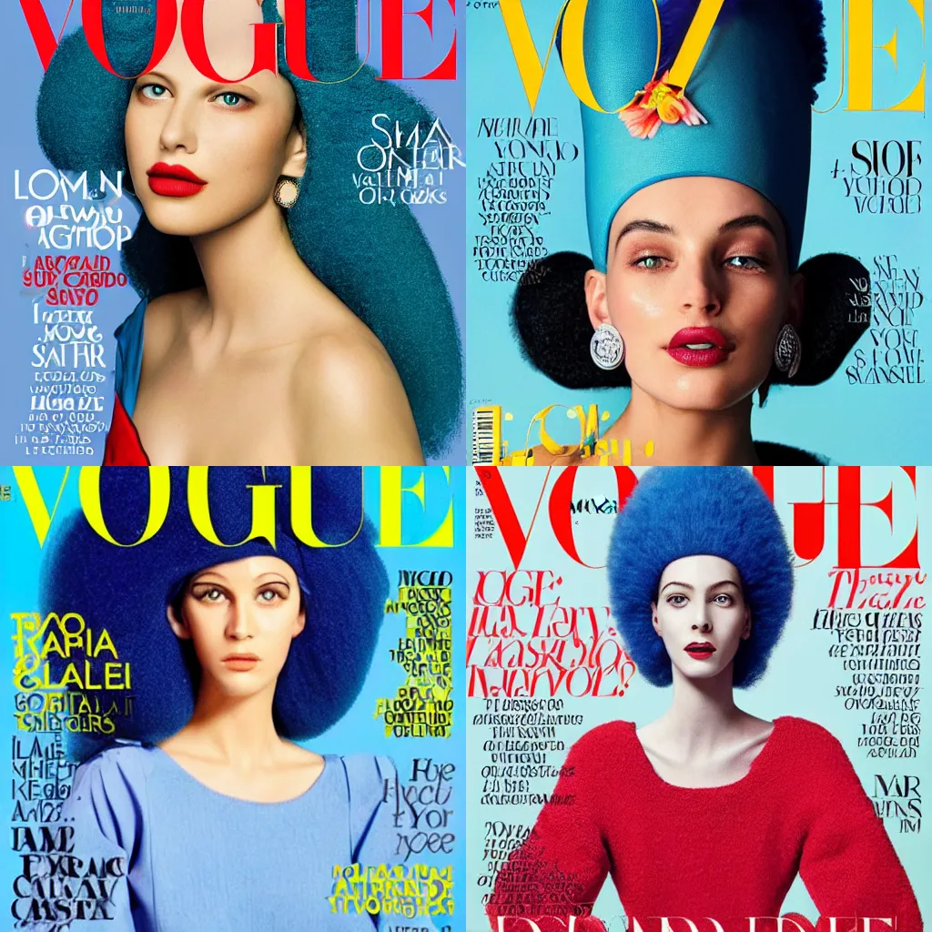 Prompt: A beautiful 20-year-old Marge Simpson on the cover of Vogue magazine, photo by Mario Testino, 82 mm sigma lens, detailed