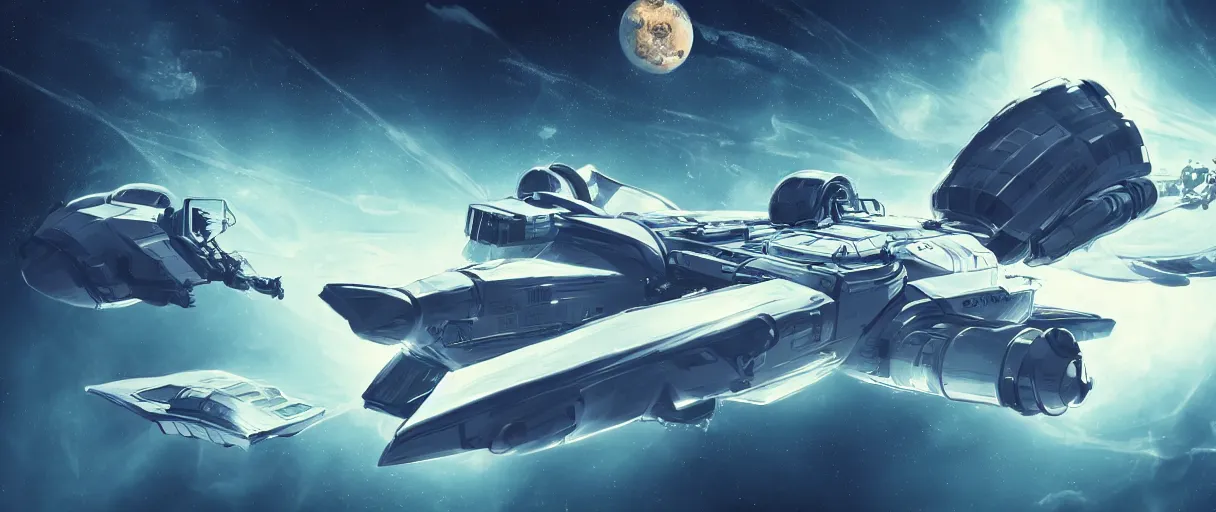 Image similar to concept art, small industrial design spaceship drifting in space, very large scales, wide angle, cinematic lighting, 4k, widescreen ratio, blunt shapes, poster art