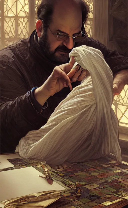 Image similar to portrait of salman rushdie writing, deep focus, d & d, fantasy, intricate, elegant, highly detailed, digital painting, artstation, concept art, matte, sharp focus, illustration, art by artgerm and greg rutkowski and alphonse mucha