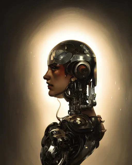 Image similar to portrait of metal cyborg painted by caravaggio volumetric lighting, back lighting, rimlight, dramatic lighting, digital painting, highly detailed, artstation, sharp focus, illustration, Artgerm, Jean-Léon Gérôme , ruan jia