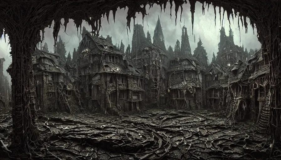 Image similar to goblin village, rotting, blood, night, death, fear, horror, religion, hyperrealism, detailed and intricate environment, by giger, by greg rutkowski