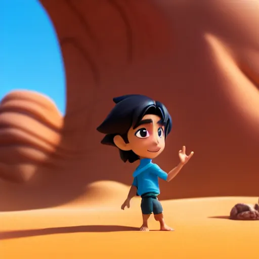 Prompt: profile view of young aladdin as nendoroid walking in a desert in the croods movie style, anime, disney, pixar, 8 k, hd, dof, kodak film, volumetric lighting, subsurface scattering, photorealistic, octane render, details