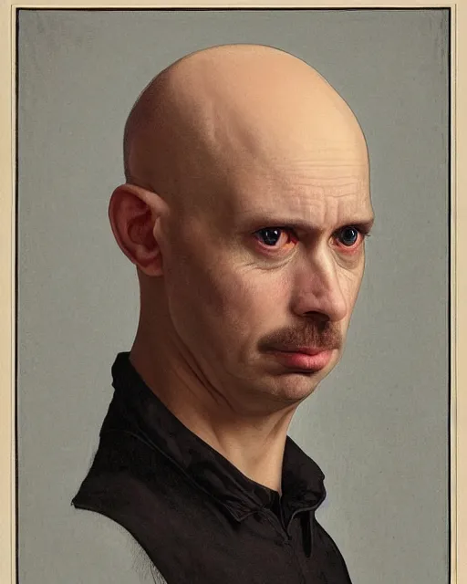 Image similar to portrait of a 4 0 - year - old bald character, male, with a white complexion, wide, cat - like scarlet eyes, a nose flat like a snake's nose, and a thin mouth, wearing in black clothes, hyper realistic face, beautiful eyes, fantasy art, in the style of greg rutkowski, intricate, alphonse mucha, hyper detailed, smooth