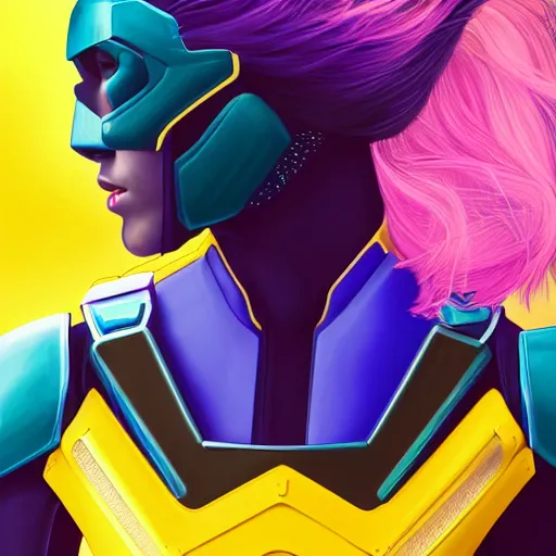 Image similar to a stunning upper body portrait of a beautiful young woman wearing futuristic navy blue and teal battle bodyarmor and pauldrons and ombre purple and pink hairstyle with hair blowing in the wind, by marvel comics, outrun, vaporware, highly detailed, fine detail, intricate, digital art, trending on artstation